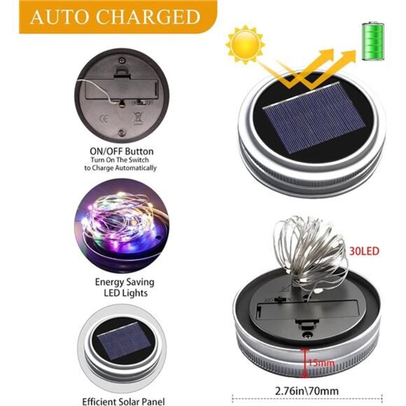 Solar Mason Jar Lights [Upgraded], 12 Pack 30 LED Firefly Fairy String Lights - Picture 2 of 7